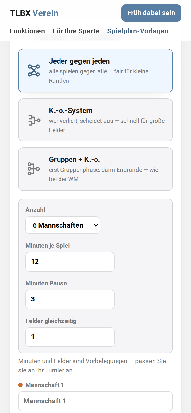 Schritt 3: Turnierform und Anzahl wählen